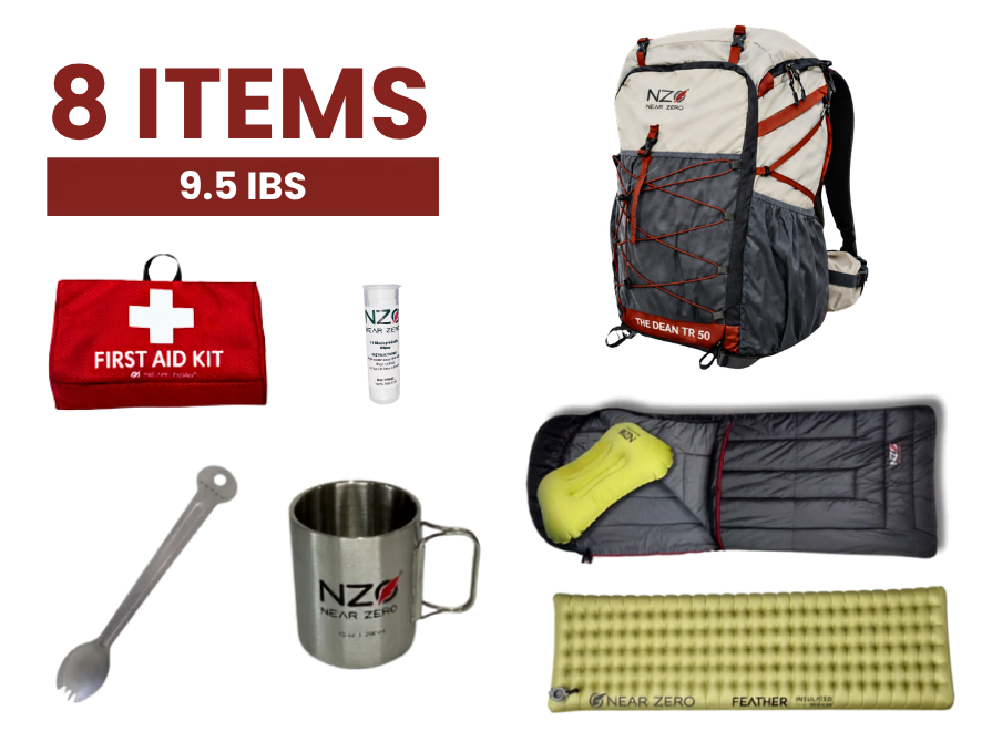 backpack, sleeping bag, sleeping pad, pillow, mug, spork, first aid kit, wipes, 8 items, 9.5 lbs