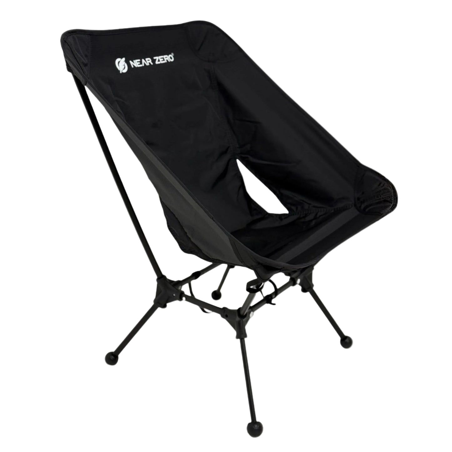 Black camping chair with 'Near Zero' branding on a white background