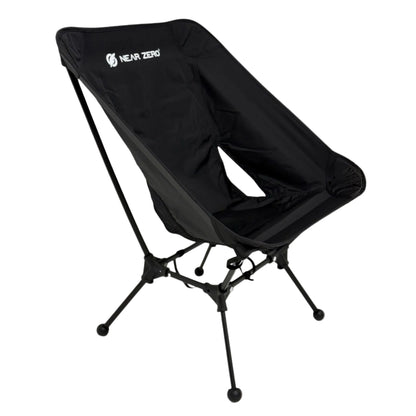 Black camping chair with 'Near Zero' branding on a white background