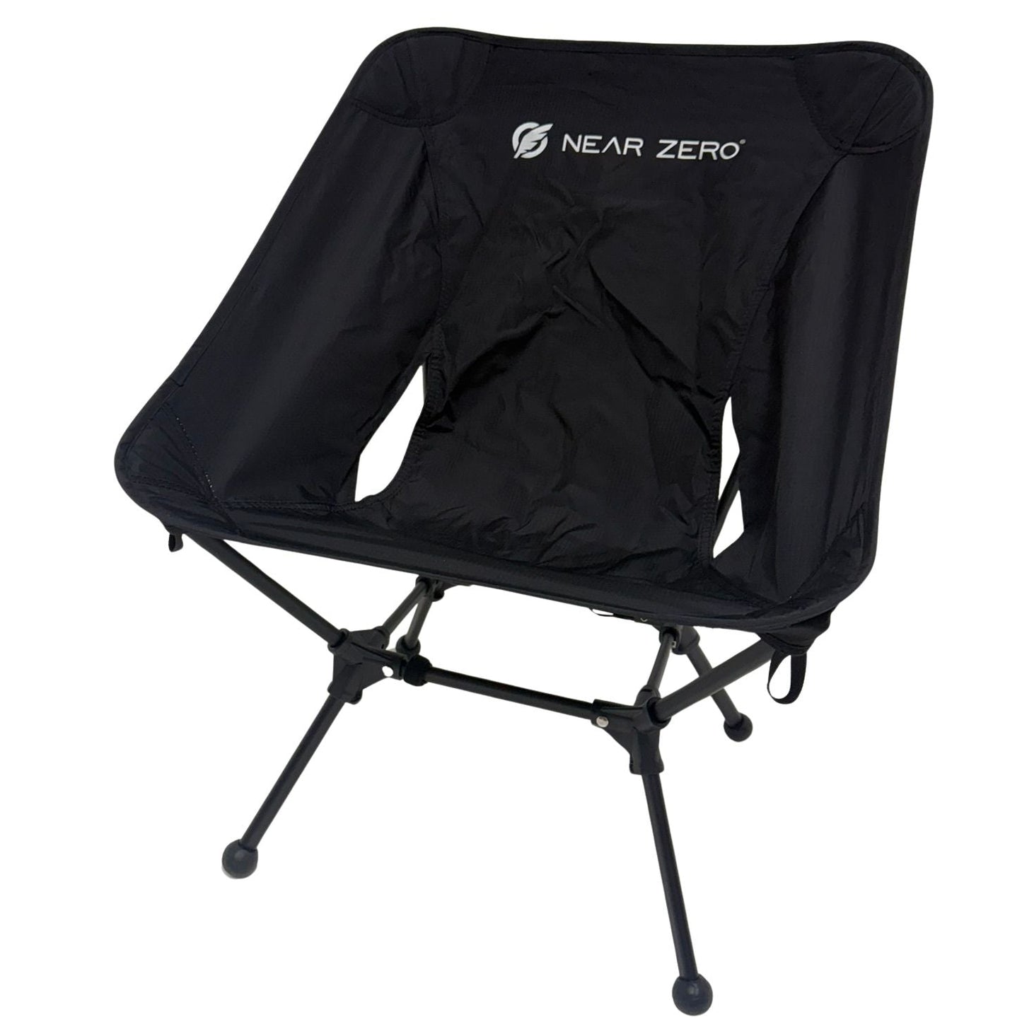 Black camping chair with 'Near Zero' logo on a white background